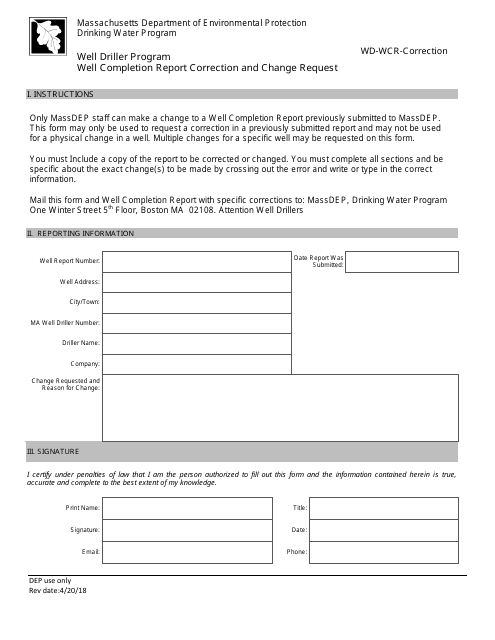 Well Completion Report Correction and Change Request Form - Well Driller Program - Massachusetts