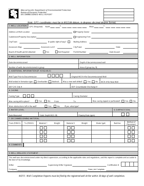 Decommissioned Well Report Form - Massachusetts