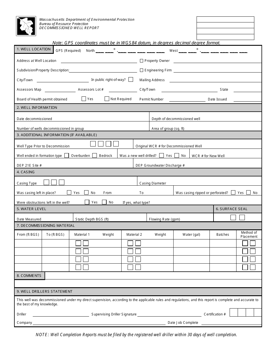 Decommissioned Well Report Form - Massachusetts, Page 1