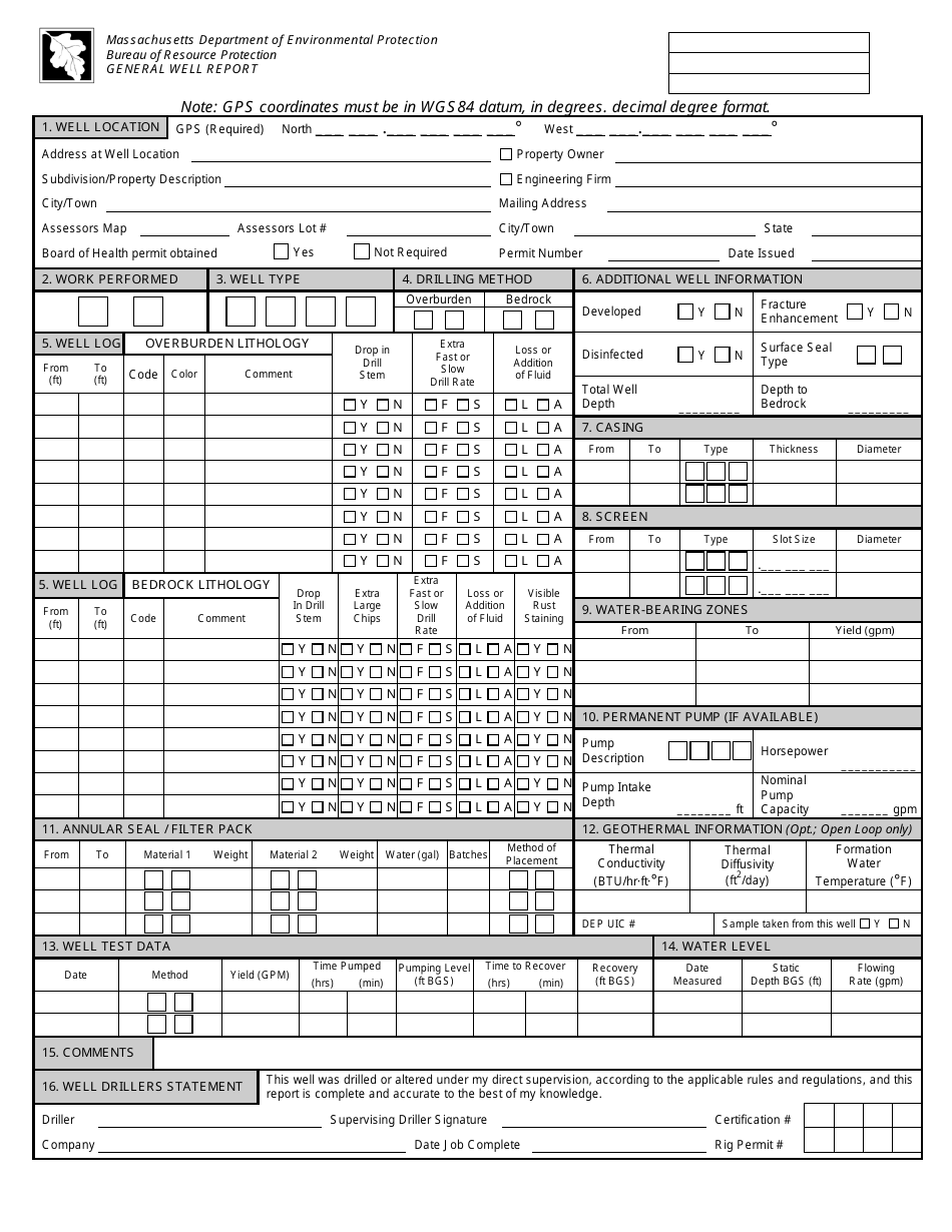 General Well Report Form - Massachusetts, Page 1