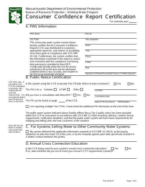 "Consumer Confidence Report Certification Form" - Massachusetts Download Pdf