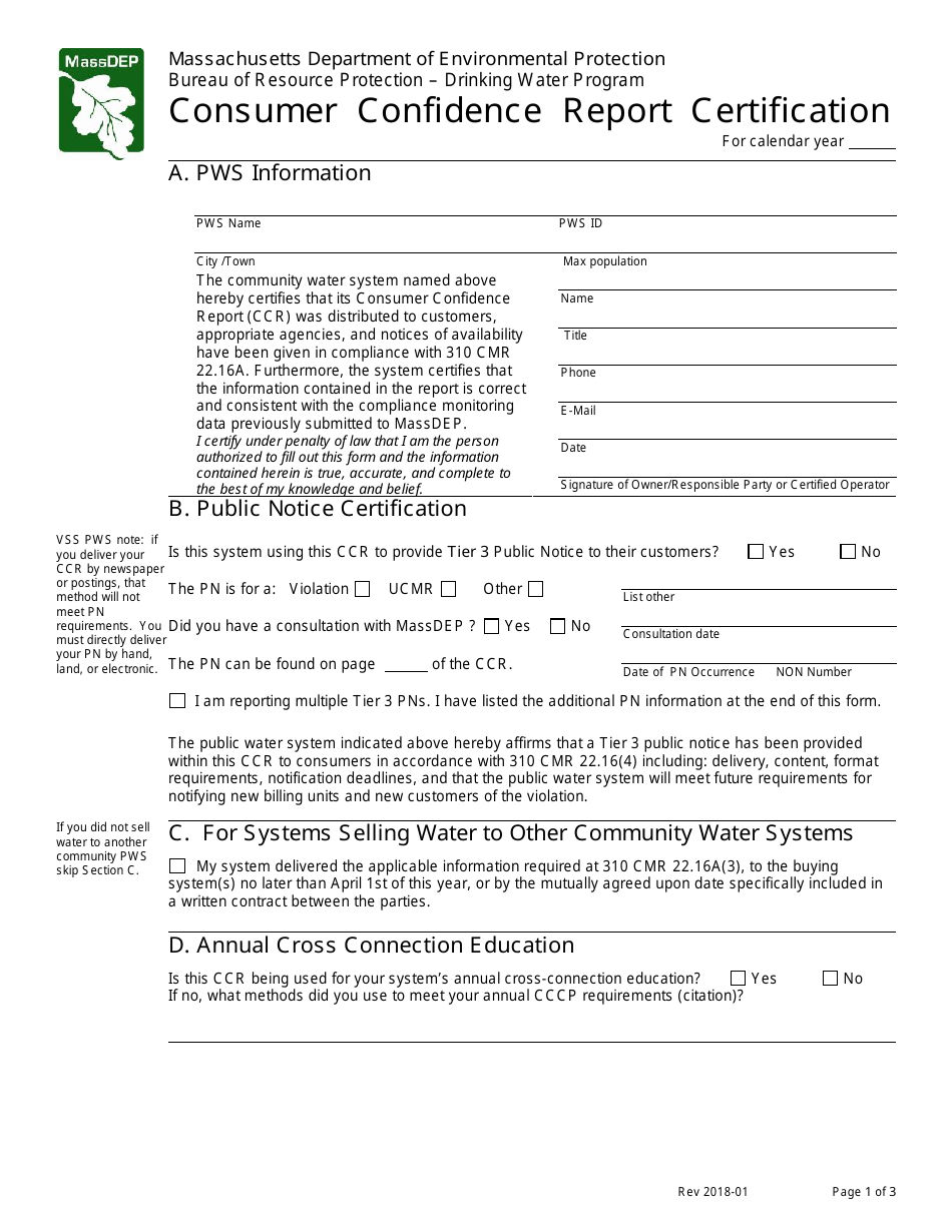 Consumer Confidence Report Certification Form - Massachusetts, Page 1