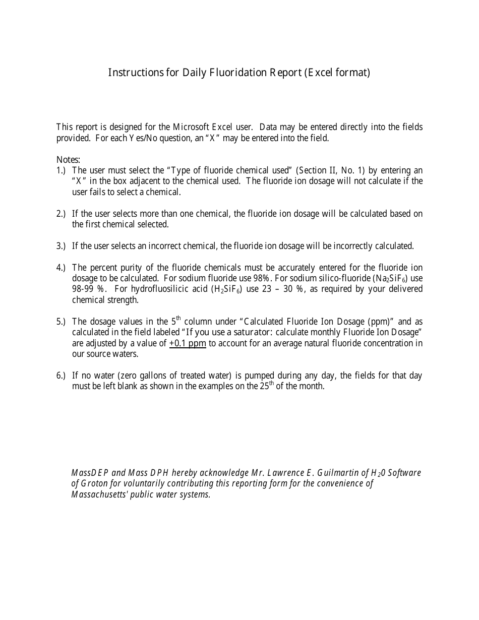 Download Instructions for DPH Fluoride Form A Daily Fluoridation Report