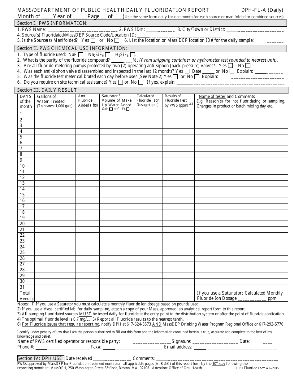 DPH Fluoride Form A Massachusetts Department of Public Health Daily Fluoridation Report - Massachusetts, Page 1