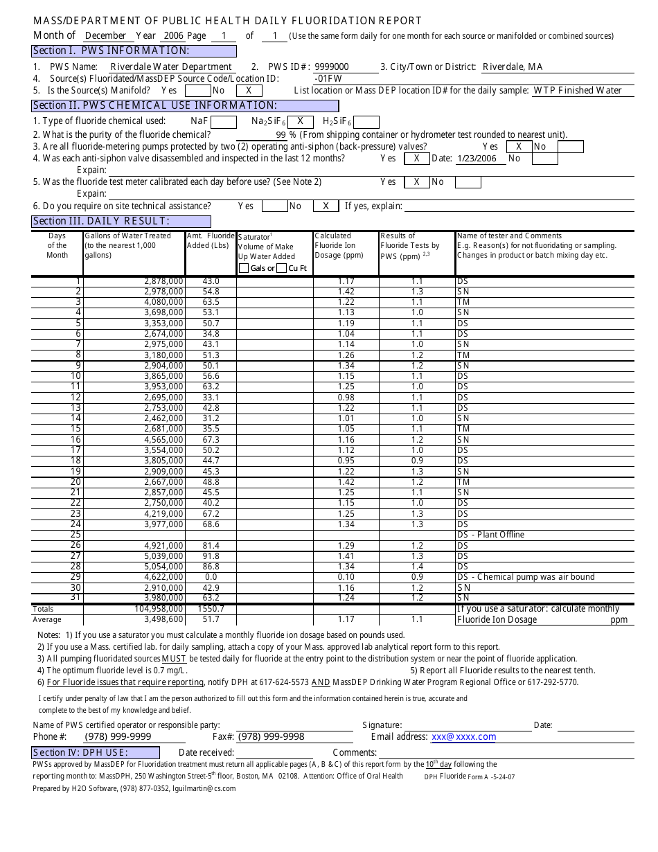 Sample DPH Fluoride Form A Massachusetts Department of Public Health Daily Fluoridation Report - Massachusetts, Page 1