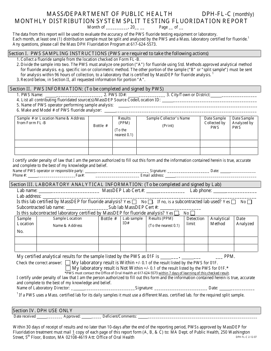 Form DPH-FL-C Massachusetts Department of Public Health Monthly Distribution System Split Testing Fluoridation Report - Massachusetts, Page 1