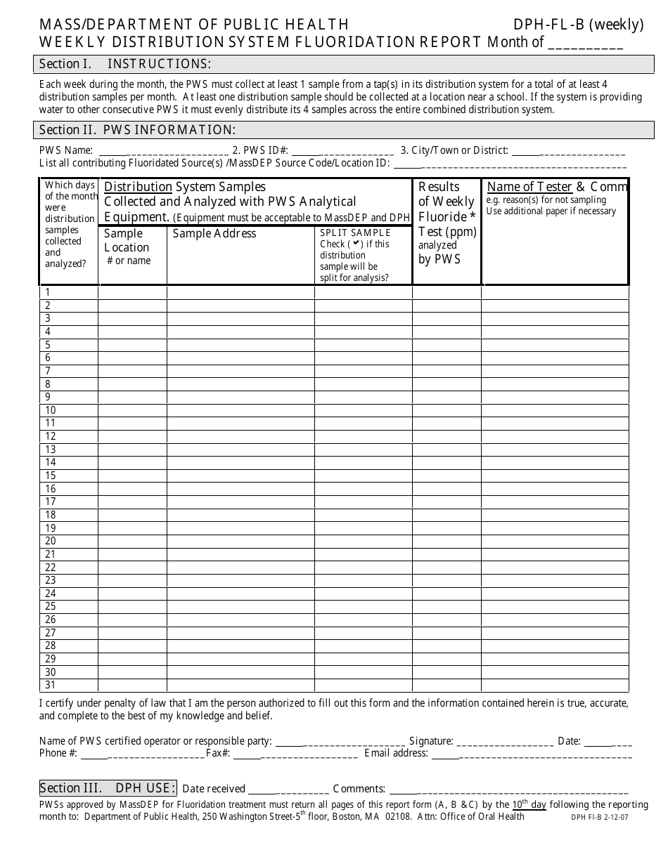 Form DPH-FL-B Massachusetts Department of Public Health Weekly Distribution System Fluoridation Report Form - Massachusetts, Page 1