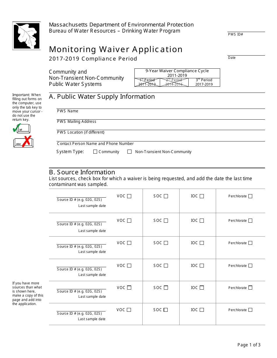 Monitoring Waiver Application Form - Massachusetts, Page 1