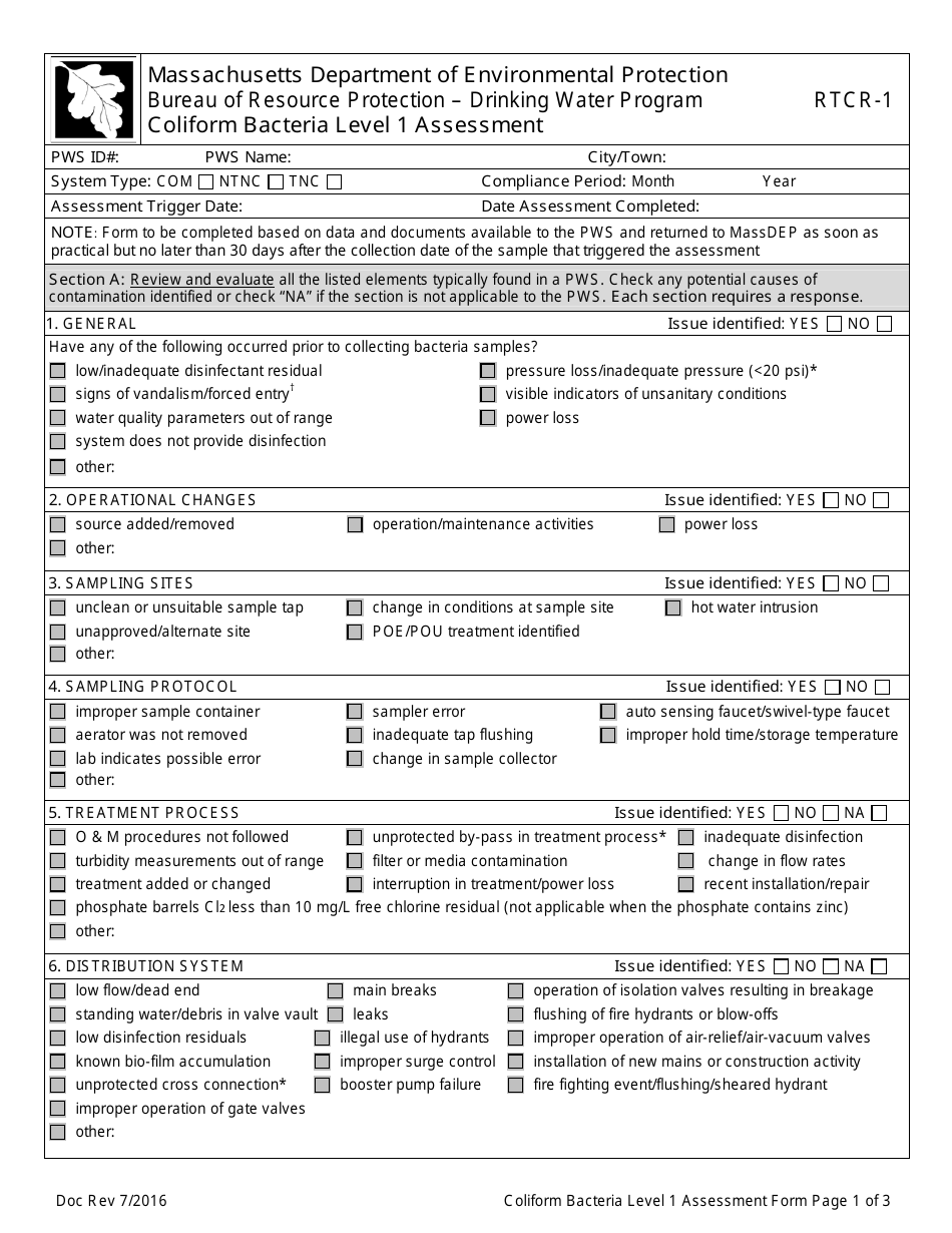 Form RTCR-1 Coliform Bacteria Level 1 Assessment - Massachusetts, Page 1