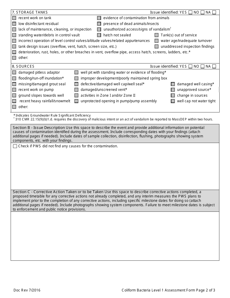 Form RTCR-1 Coliform Bacteria Level 1 Assessment - Massachusetts, Page 2