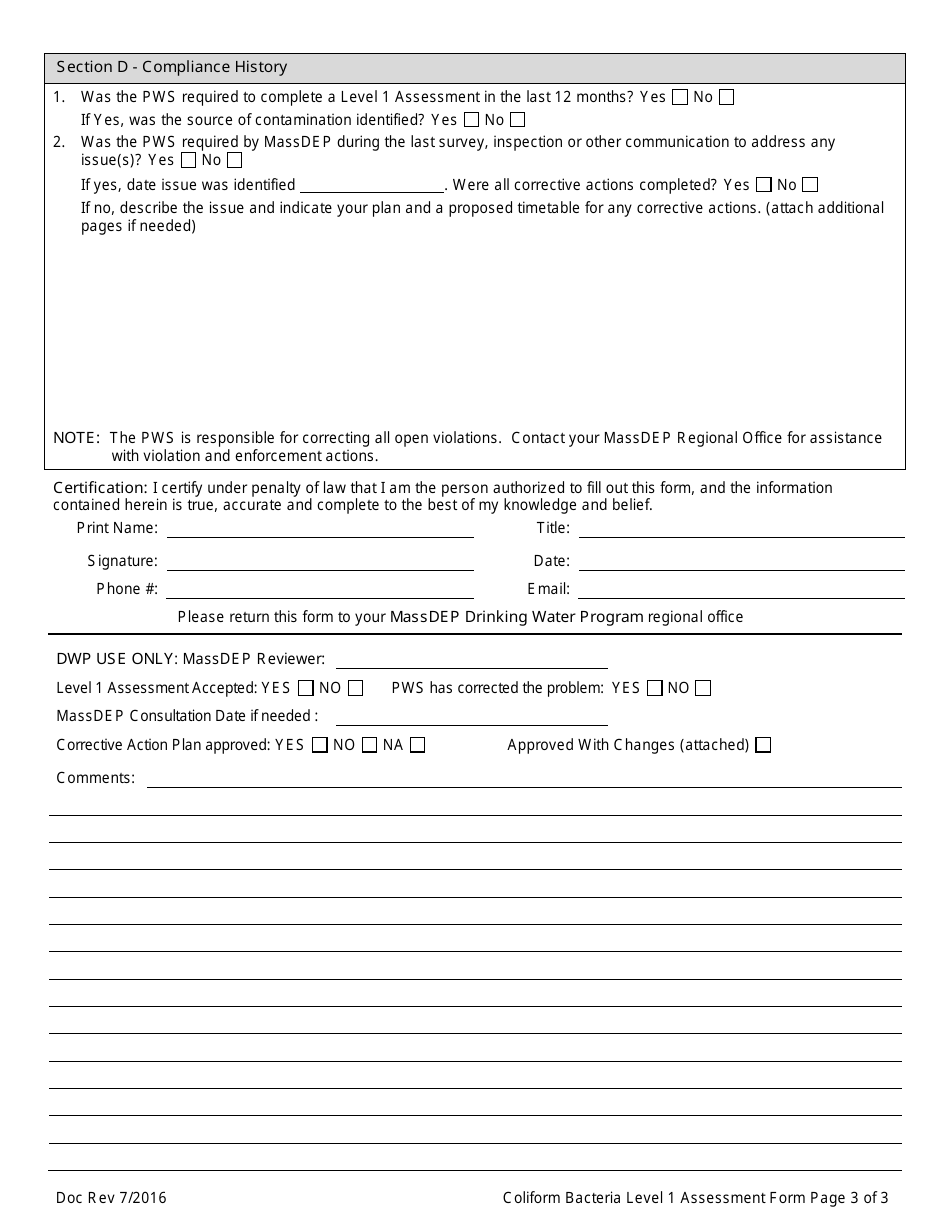 Form RTCR-1 Coliform Bacteria Level 1 Assessment - Massachusetts, Page 3