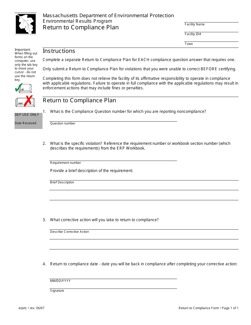 Return to Compliance Plan Form - Massachusetts, Page 1