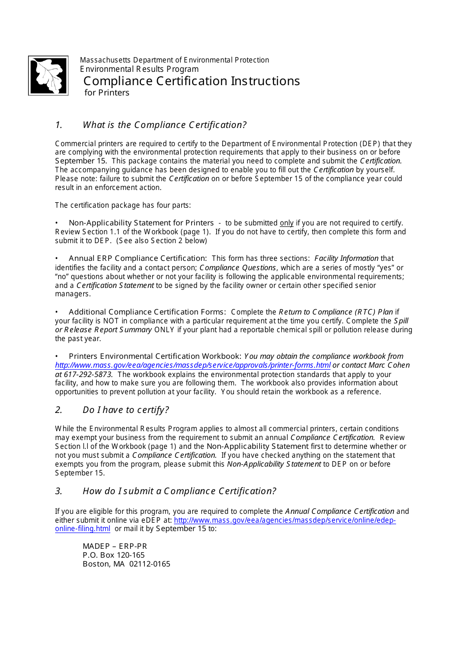 Instructions for Printer Compliance Certification - Massachusetts, Page 1