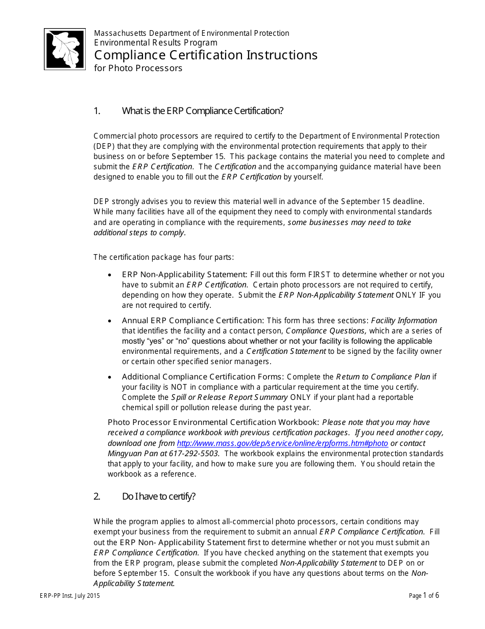 Instructions for Photo Processor Compliance Certification - Massachusetts, Page 1