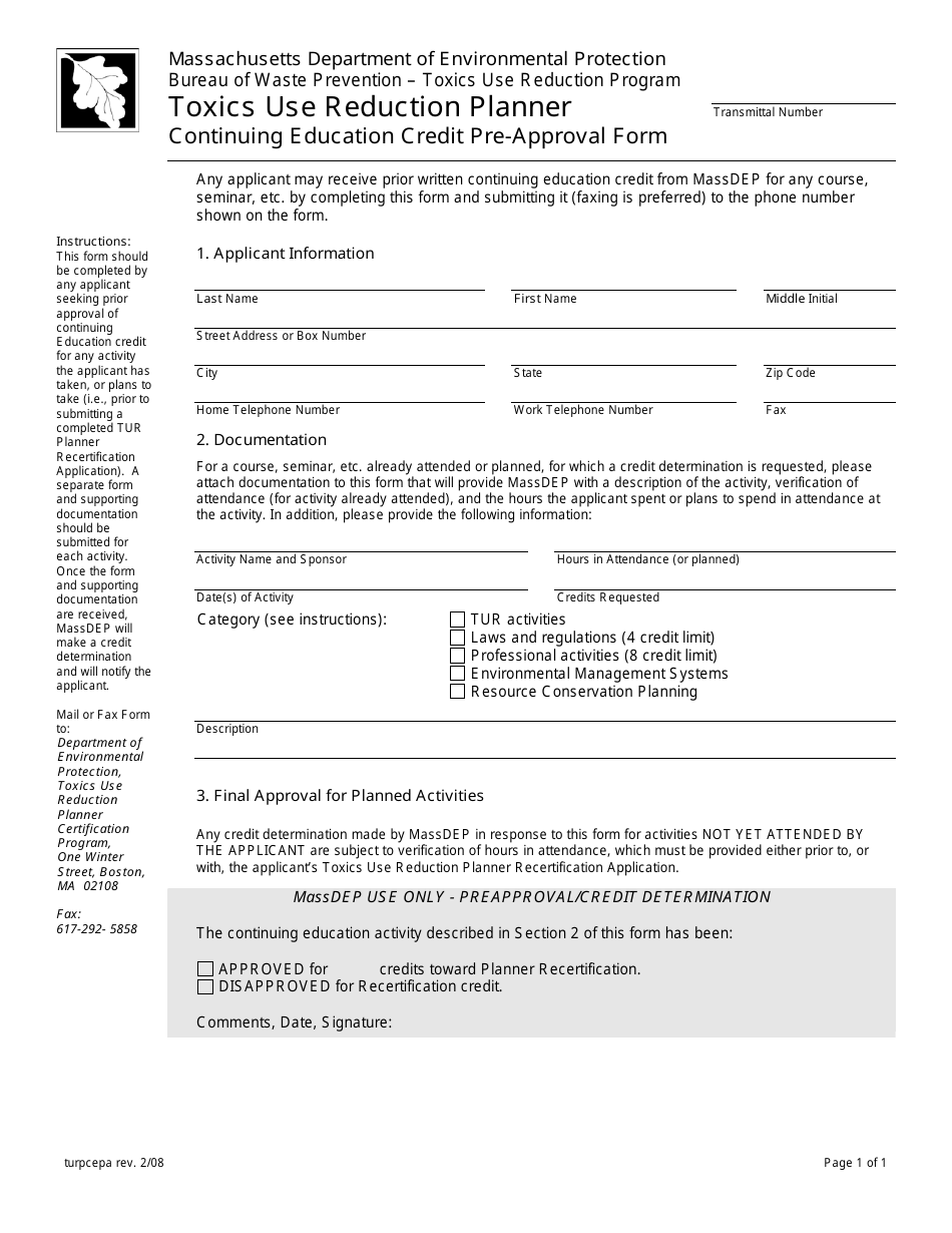 Toxics Use Reduction Planner Continuing Education Credit Pre-approval Form - Massachusetts, Page 1