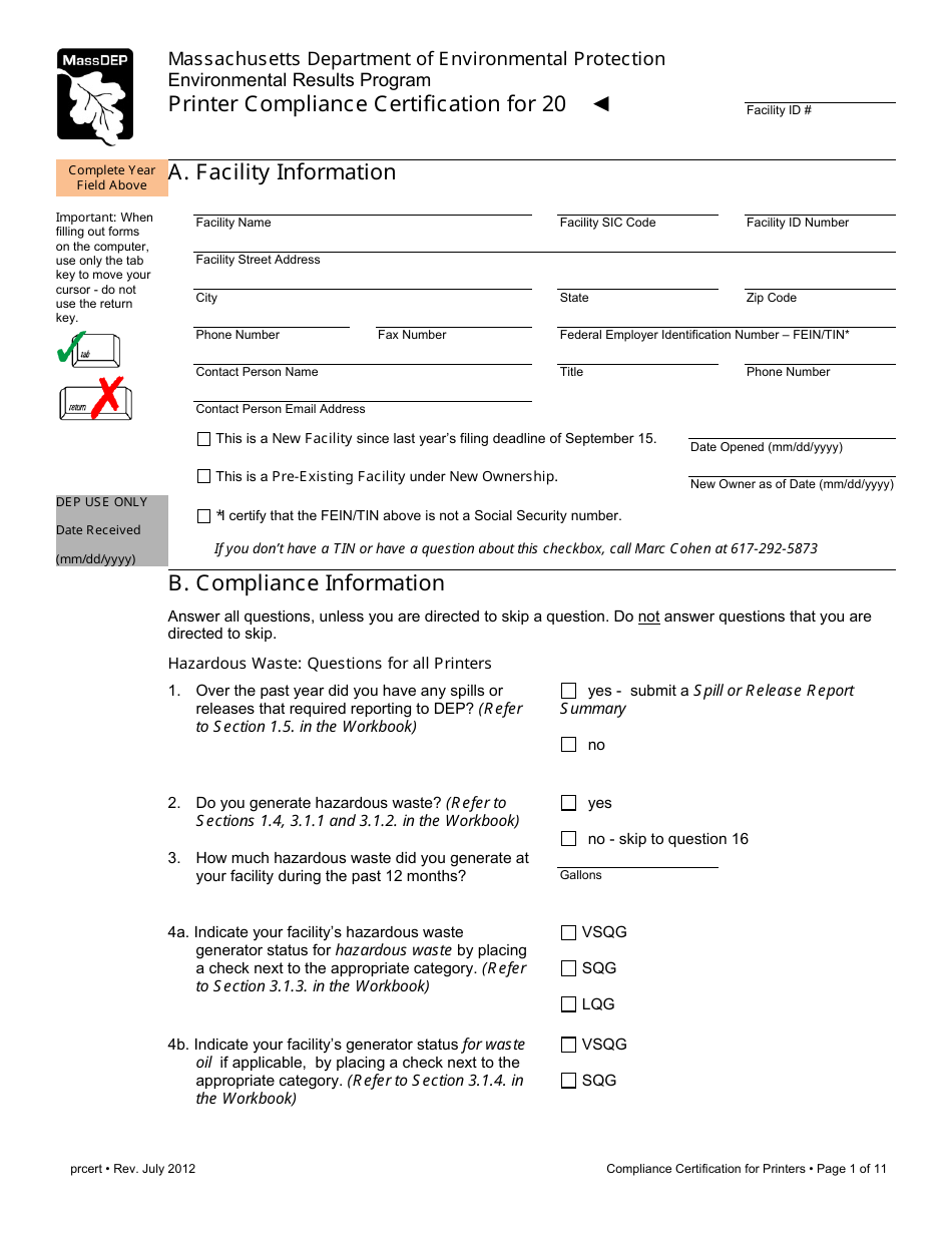 Printer Compliance Certification Form - Massachusetts, Page 1