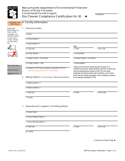 Dry Cleaner Compliance Certification Form - Massachusetts Download Pdf