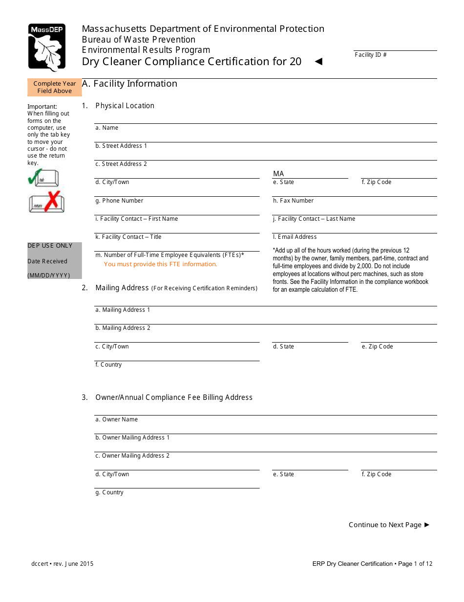 Dry Cleaner Compliance Certification Form - Massachusetts, Page 1