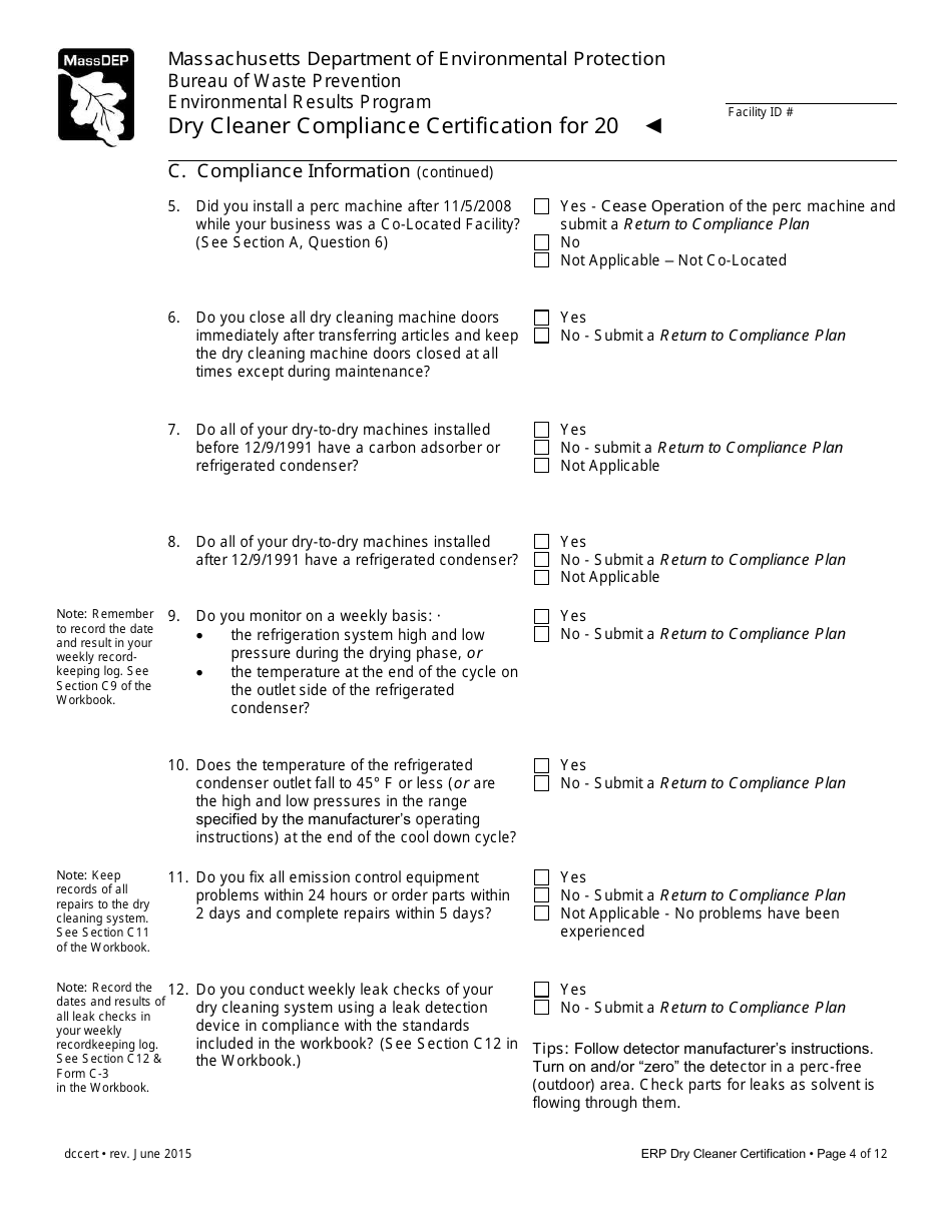 Dry Cleaner Compliance Certification Form - Massachusetts, Page 4