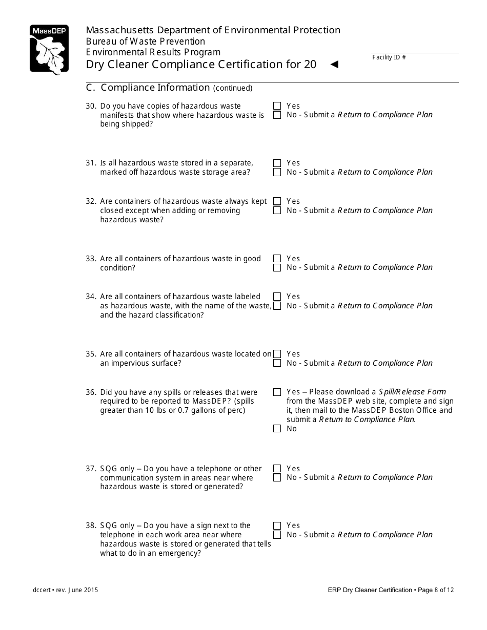 Dry Cleaner Compliance Certification Form - Massachusetts, Page 8