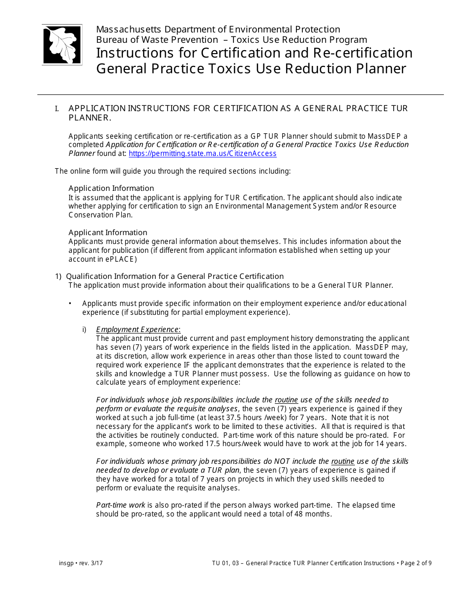 Instructions for Certification and Re-certification General Practice Toxics Use Reduction Planner - Massachusetts, Page 2