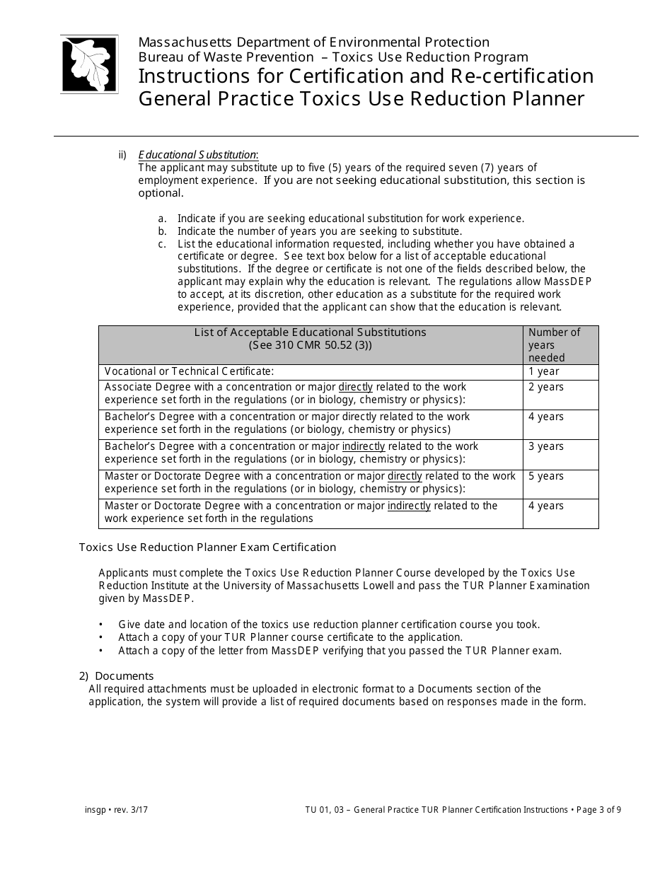 Instructions for Certification and Re-certification General Practice Toxics Use Reduction Planner - Massachusetts, Page 3