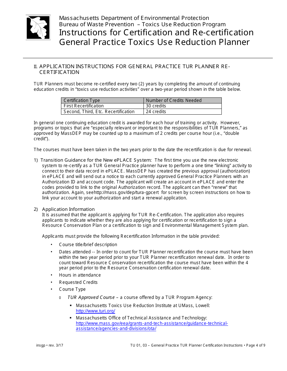 Instructions for Certification and Re-certification General Practice Toxics Use Reduction Planner - Massachusetts, Page 4