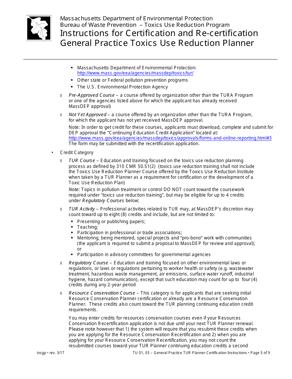 Instructions for Certification and Re-certification General Practice Toxics Use Reduction Planner - Massachusetts, Page 5