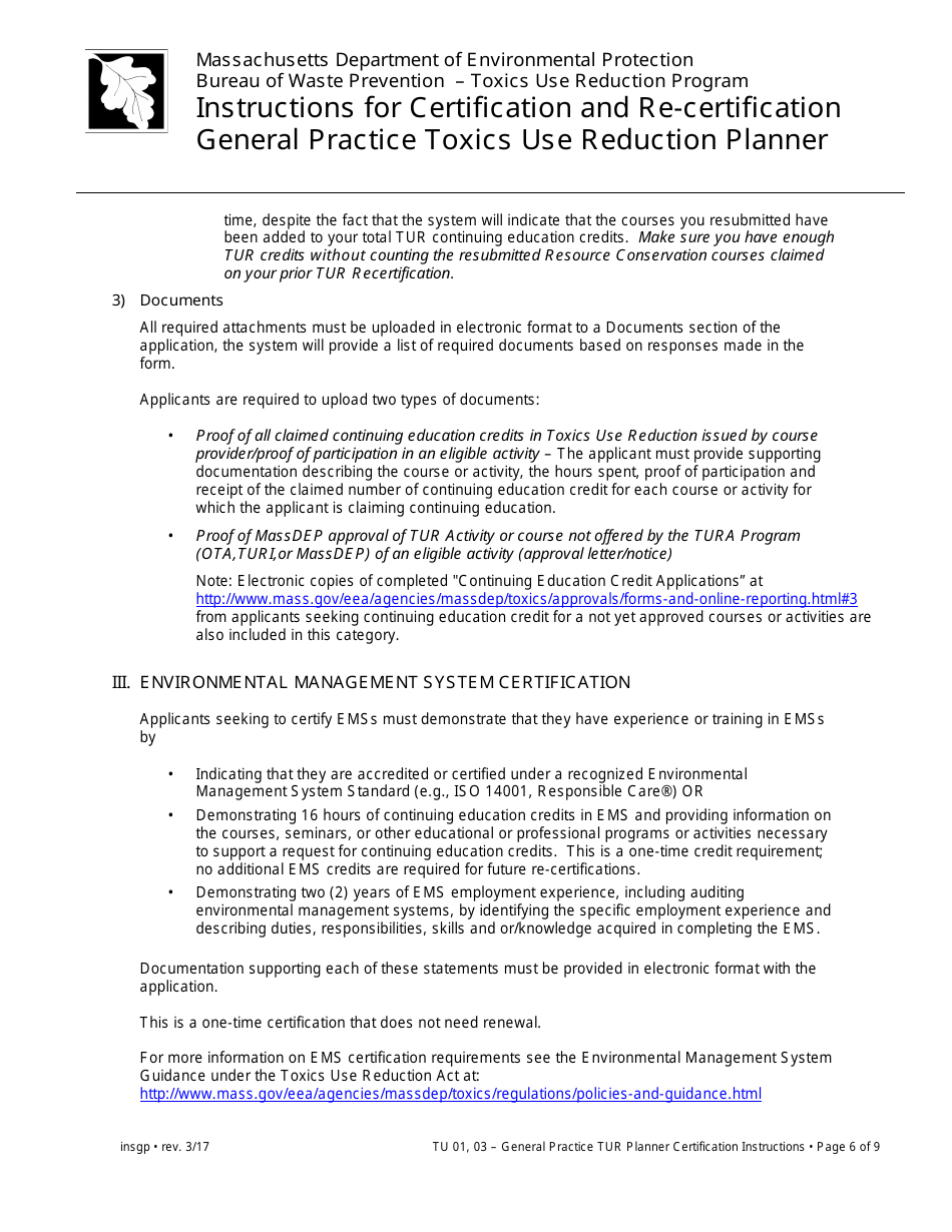 Instructions for Certification and Re-certification General Practice Toxics Use Reduction Planner - Massachusetts, Page 6