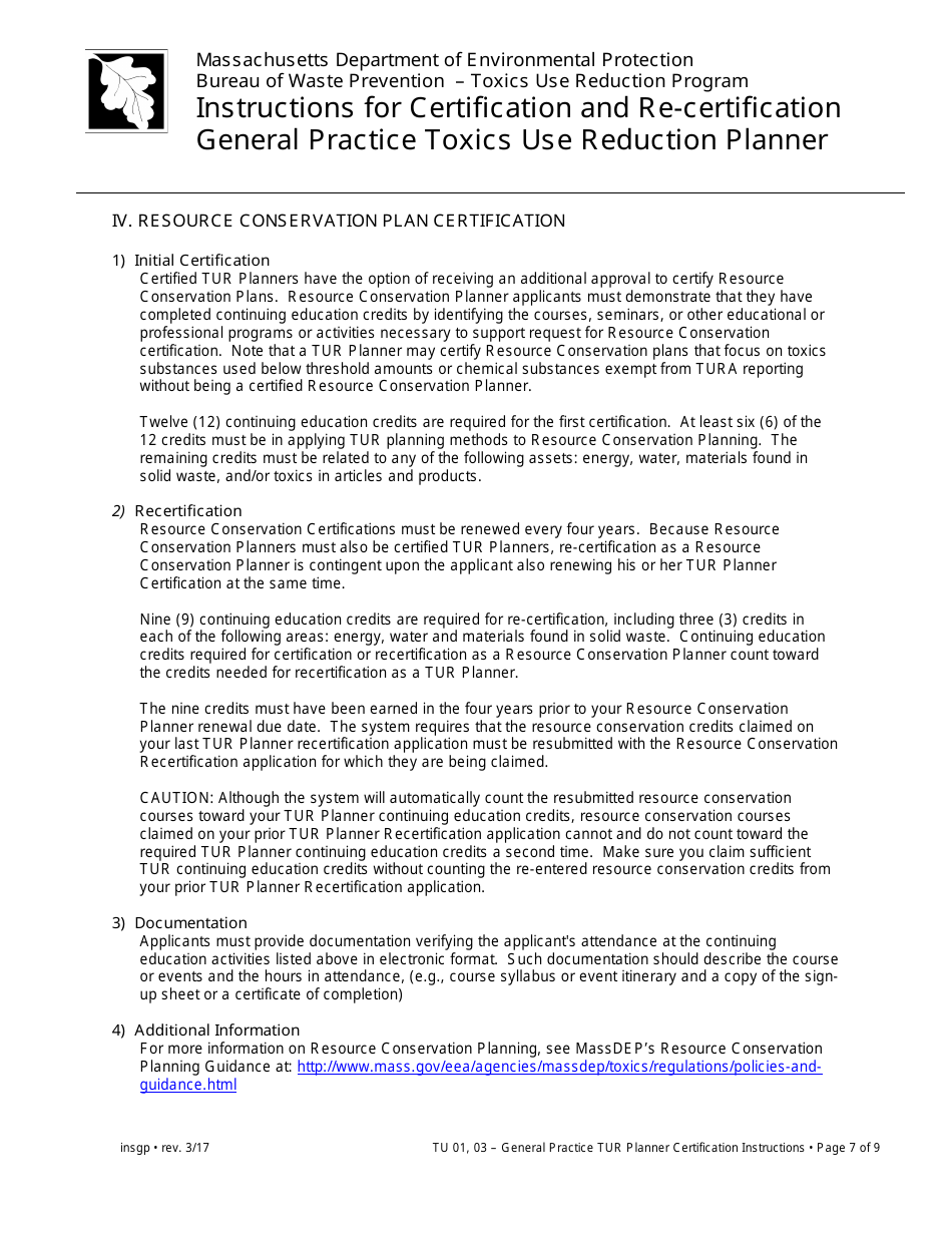 Instructions for Certification and Re-certification General Practice Toxics Use Reduction Planner - Massachusetts, Page 7