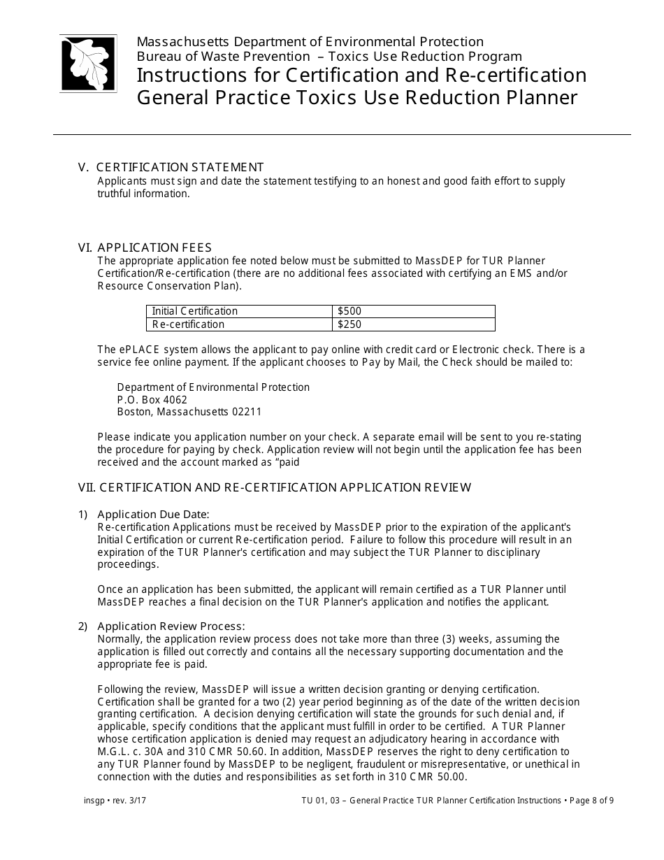 Instructions for Certification and Re-certification General Practice Toxics Use Reduction Planner - Massachusetts, Page 8