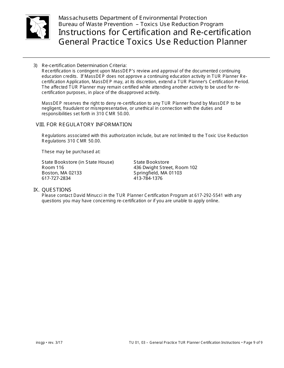 Instructions for Certification and Re-certification General Practice Toxics Use Reduction Planner - Massachusetts, Page 9