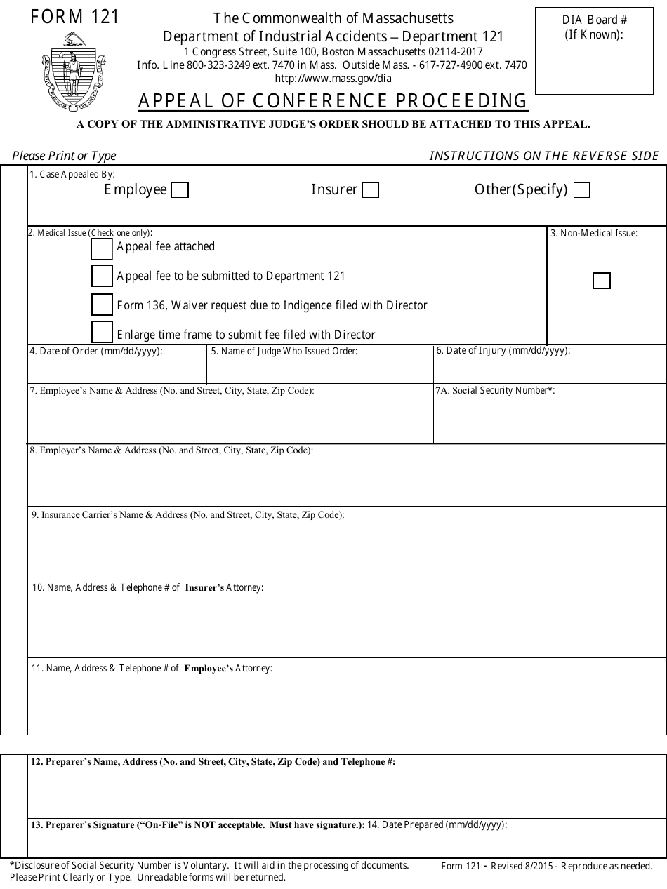 Form 121 Form for Appeal of Conference Procceding - Massachusetts, Page 1