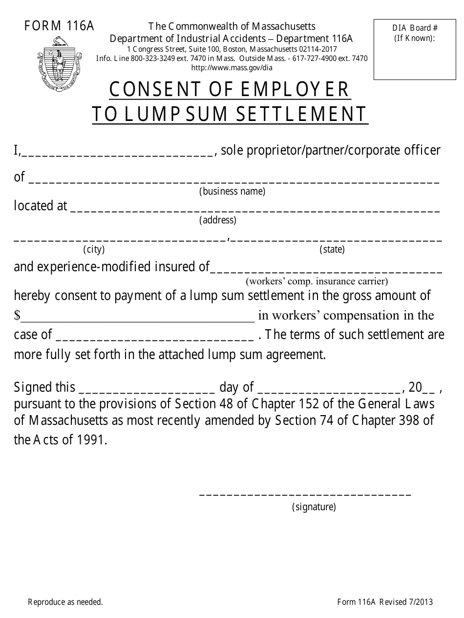 Form 116A Consent of Employer to Lump Sum Settlement - Massachusetts, Page 1
