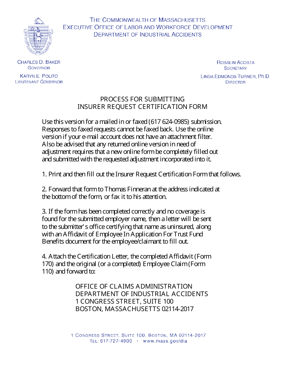 Insurer Request Certification Form - Massachusetts, Page 1
