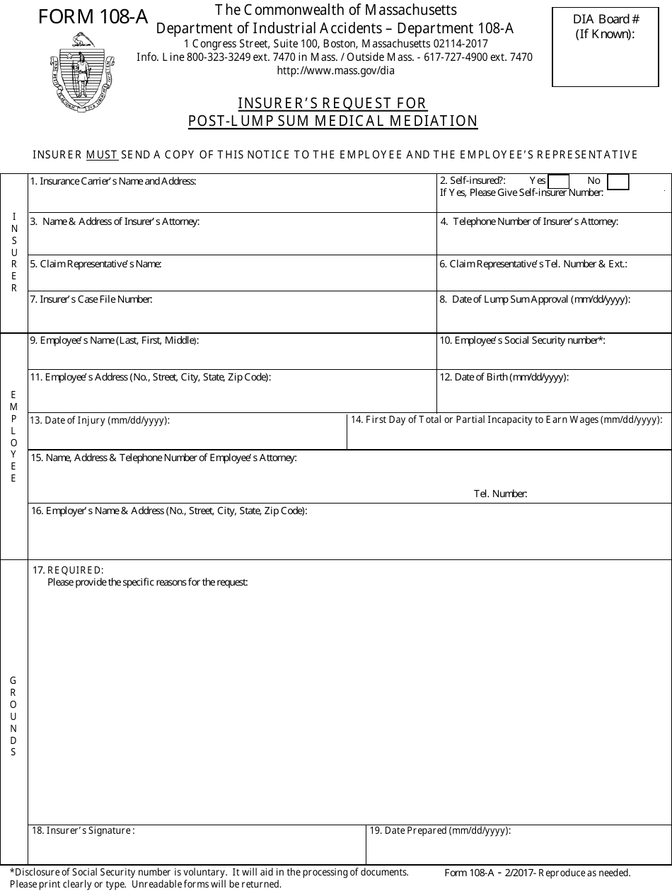 Form 108-A Insurers Request for Post-lump Sum Medical Mediation - Massachusetts, Page 1
