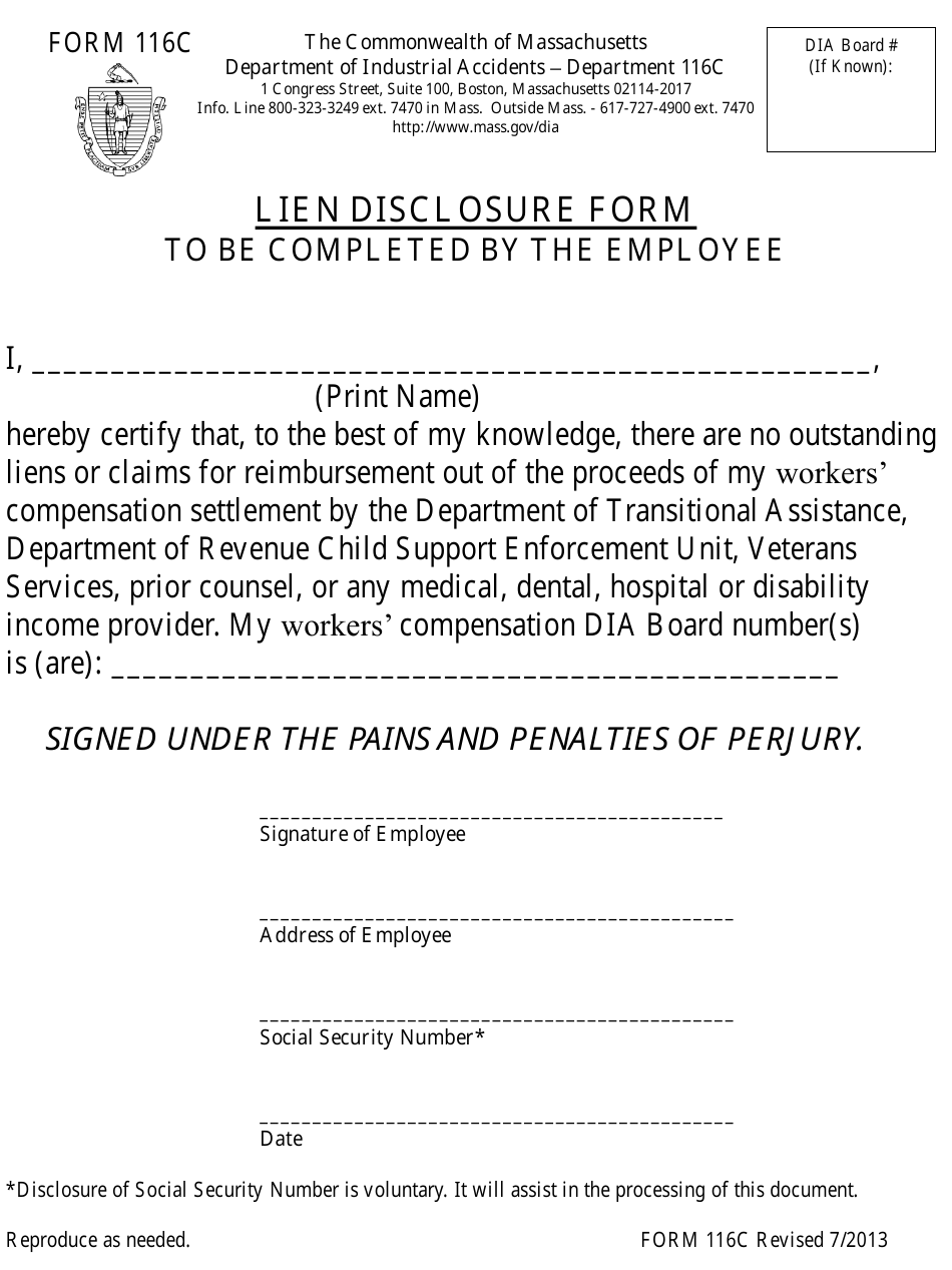 Form 116C Lien Disclosure Form - Massachusetts, Page 1