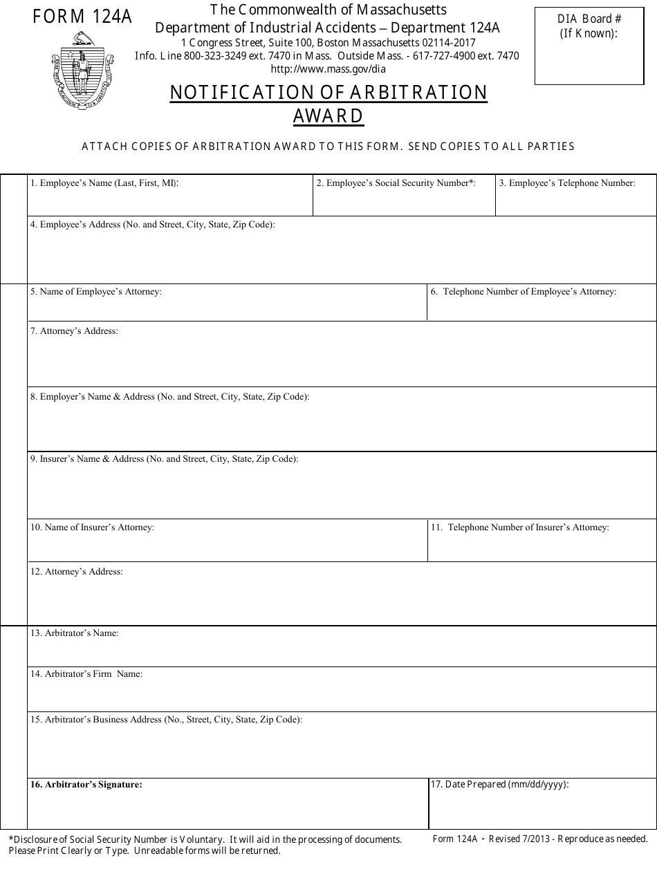 Form 124A Notification of Arbitration Award - Massachusetts, Page 1
