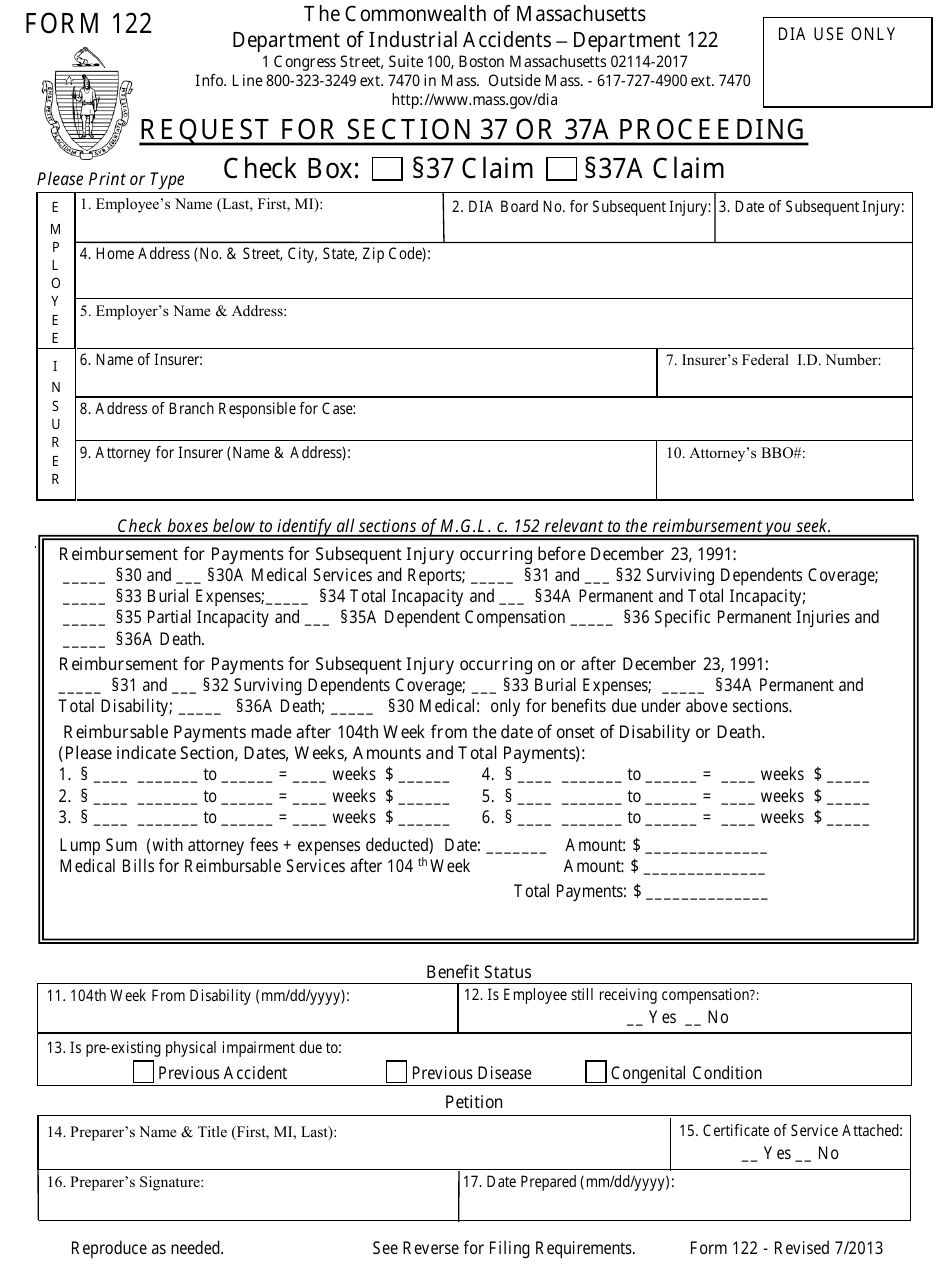 Form 122 Request for Section 37 or 37a Proceeding - Massachusetts, Page 1