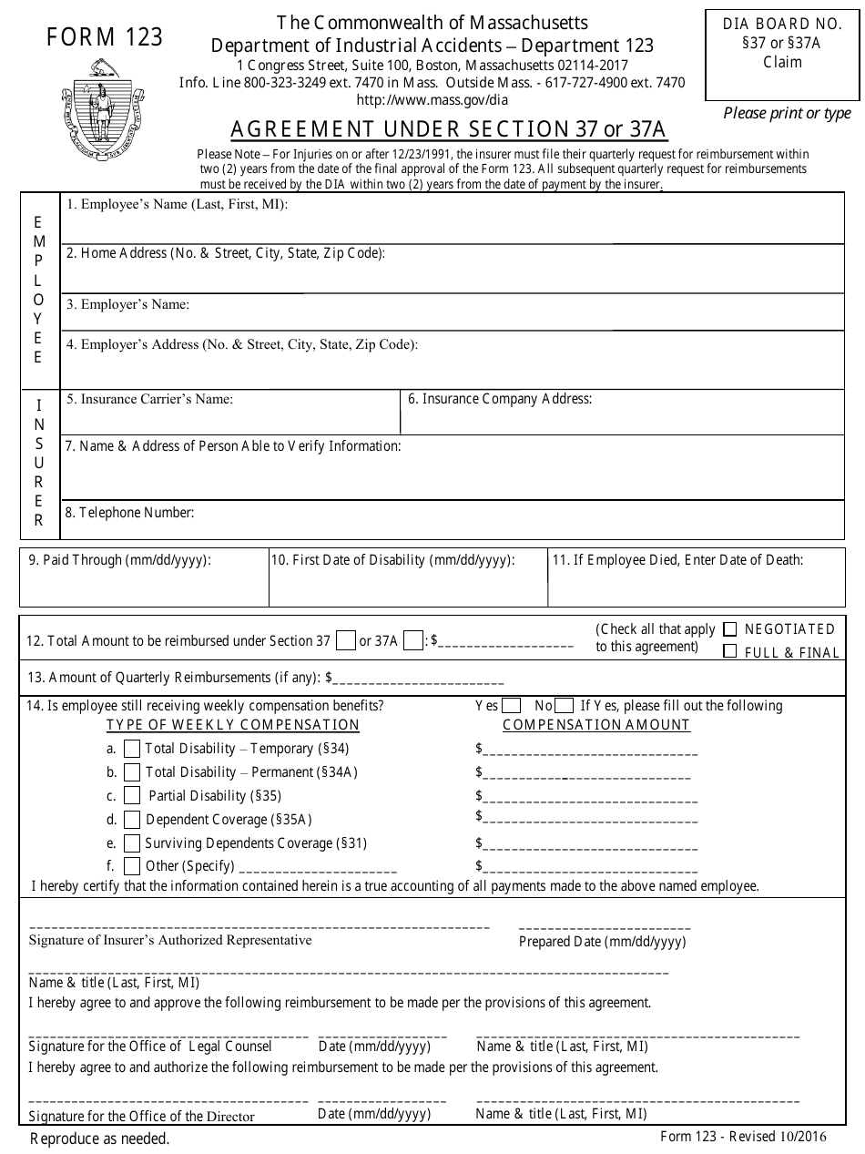 Form 123 Agreement Under Section 37 or 37a - Massachusetts, Page 1