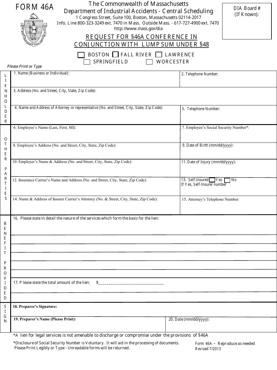 Form 46A Request for 46a Conference in Conjunction With Lump Sum Under 48 - Massachusetts, Page 1
