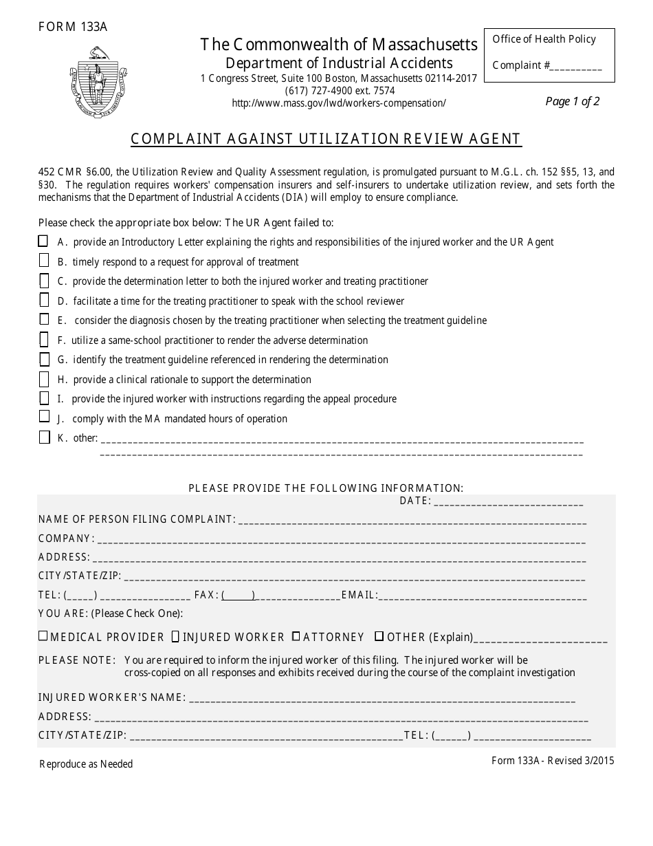 Form 133A Complaint Against Utilization Review Agent - Massachusetts, Page 1