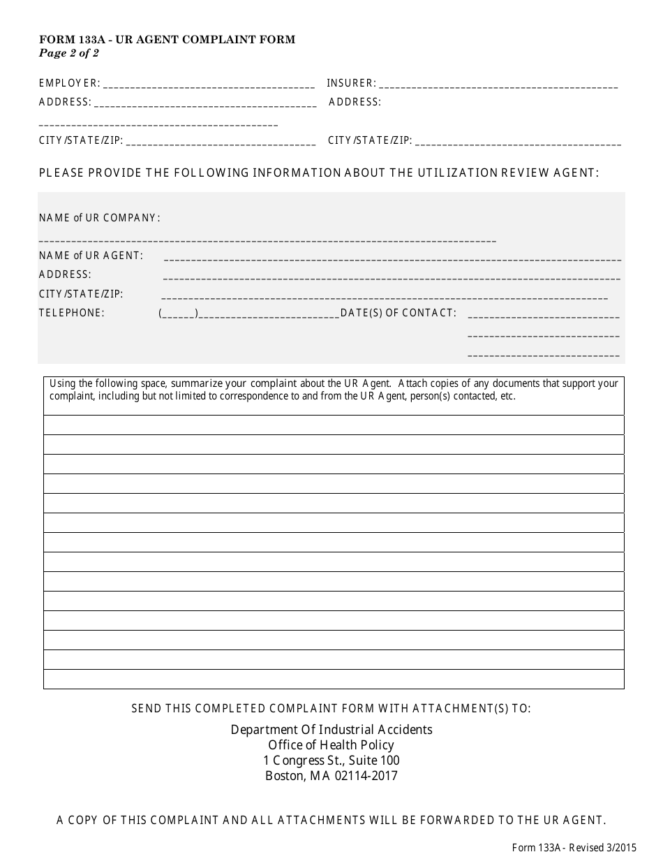 Form 133A Complaint Against Utilization Review Agent - Massachusetts, Page 2