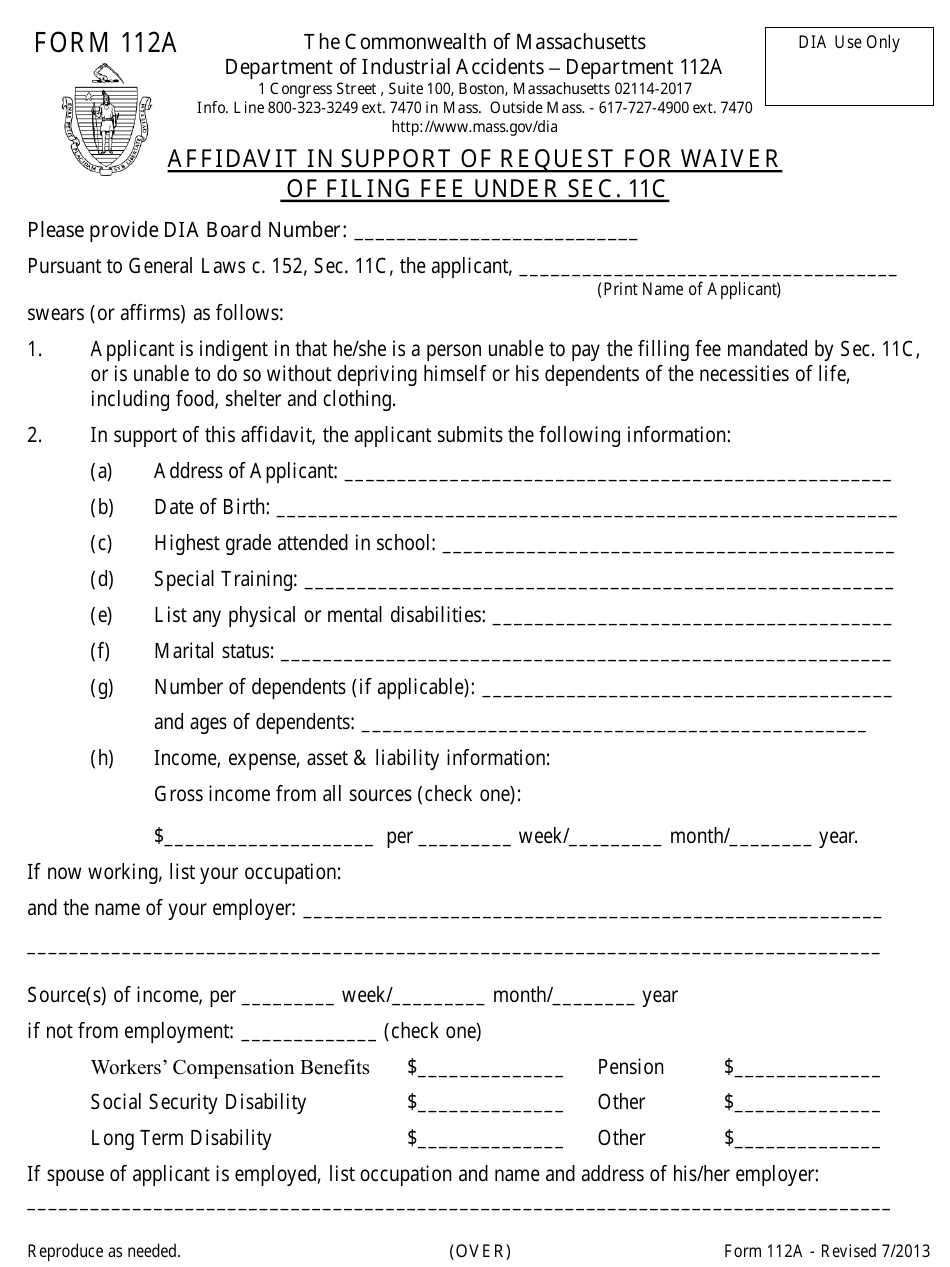Form 112A Affidavit in Support of Request for Waiver of Filing Fee Under SEC. 11c - Massachusetts, Page 1