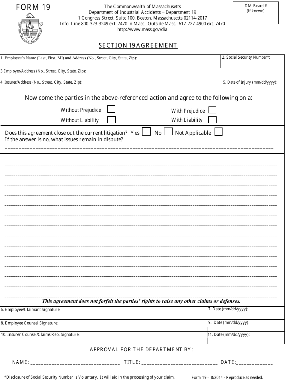 Form 19 Section 19 Agreement - Massachusetts, Page 1