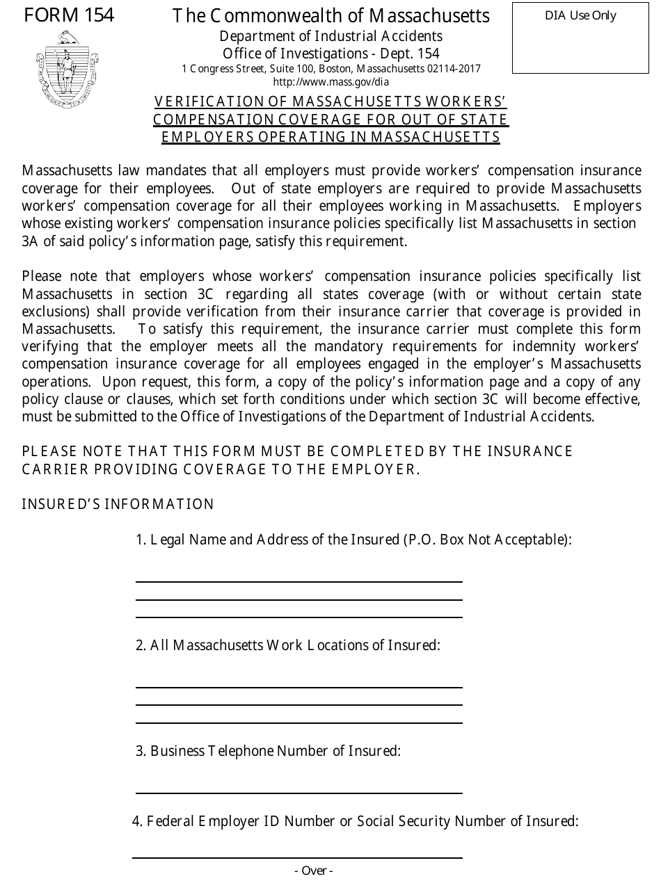 Form 154 Verification of Massachusetts Workers Compensation Coverage for out of State Employers Operating in Massachusetts - Massachusetts, Page 1