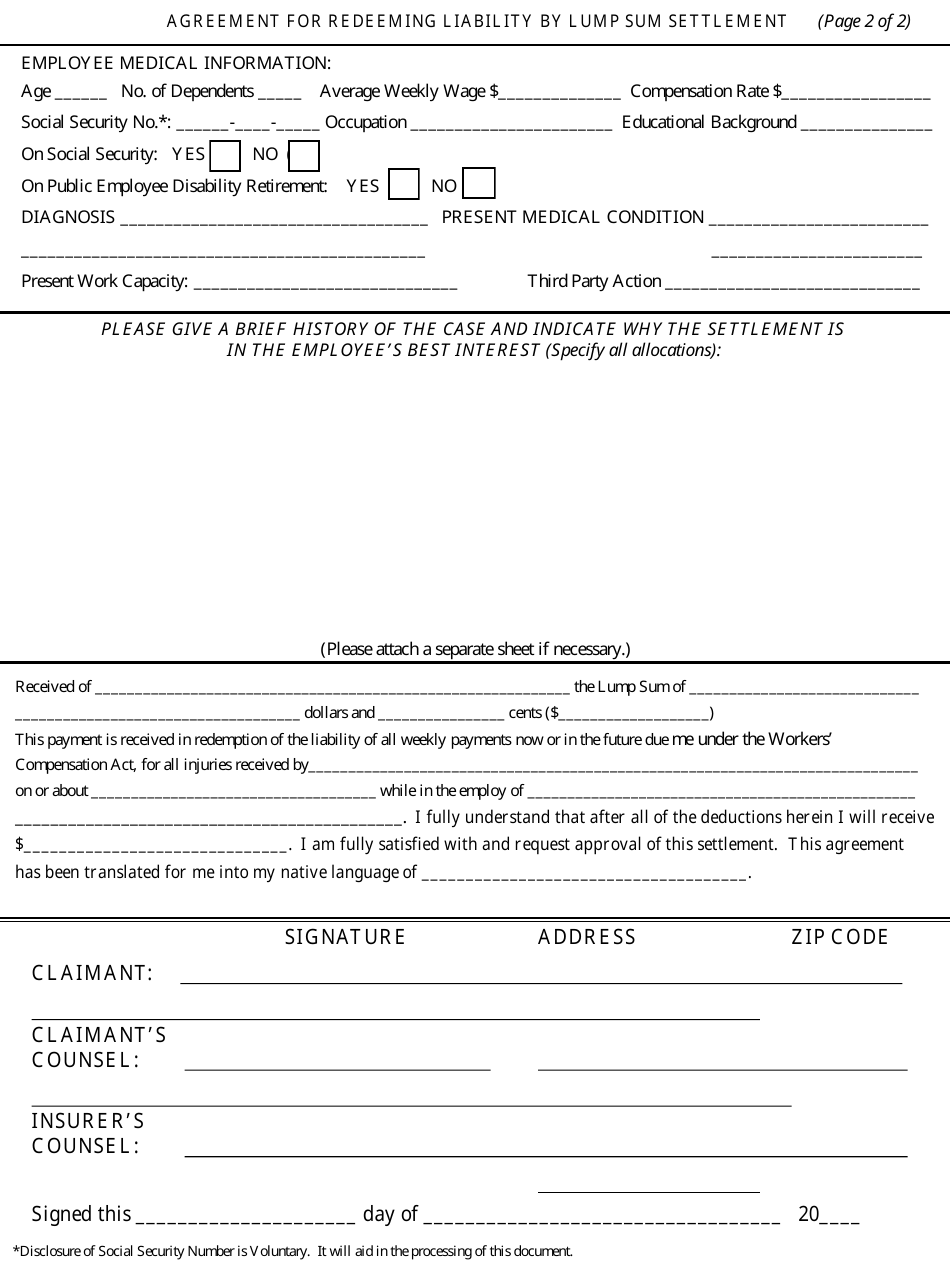 Form 117 Agreement for Redeeming Liability by Lump Sum Under G.l. Ch. 152 for Injuries Occurring on or After Nov. 1, 1986 - Massachusetts, Page 2