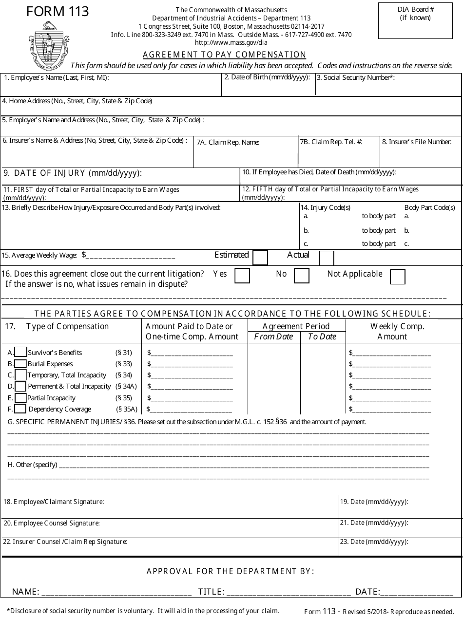 Form 113 Agreement to Pay Compensation - Massachusetts, Page 1