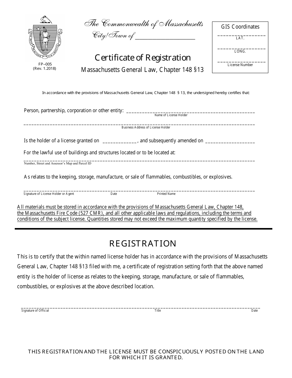 Form FP-005 Certificate of Registration - Massachusetts, Page 1