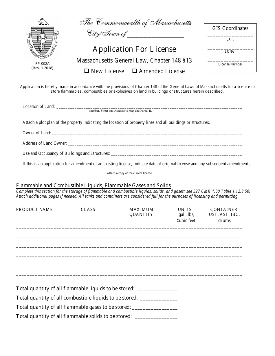 Form FP-002A Application for License - Massachusetts, Page 1